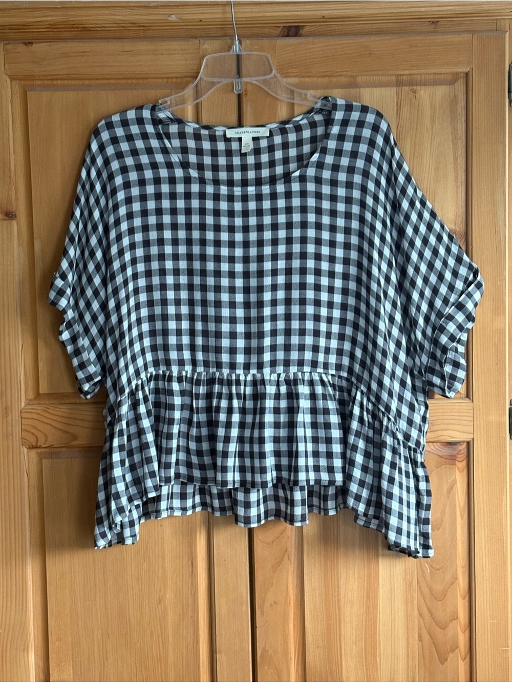 Grade & Gather Gingham Peplum Short Sleeve Top - Black/White